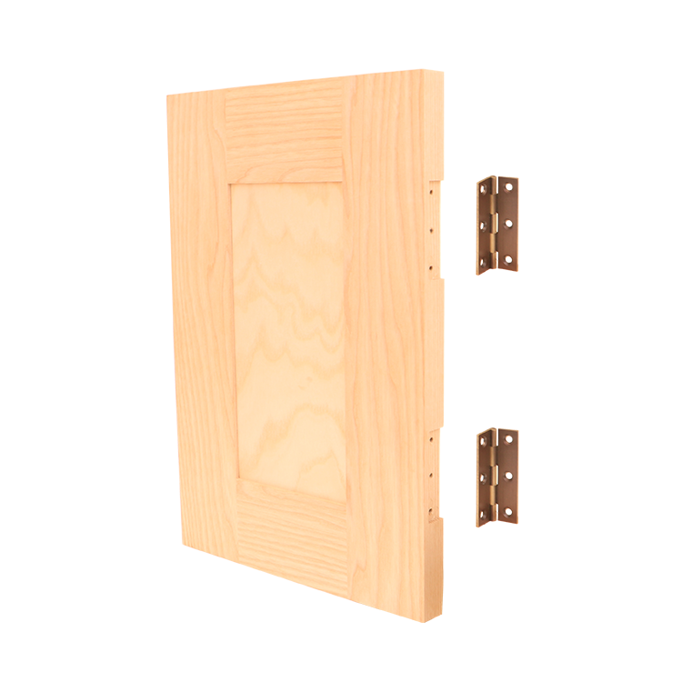 A wooden cabinet door with hinges.
