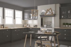 A kitchen with grey Probox cabinets and a wooden table.