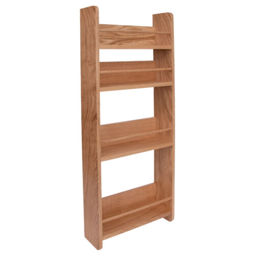 A wooden shelf with four shelves, made of bespoke wood.